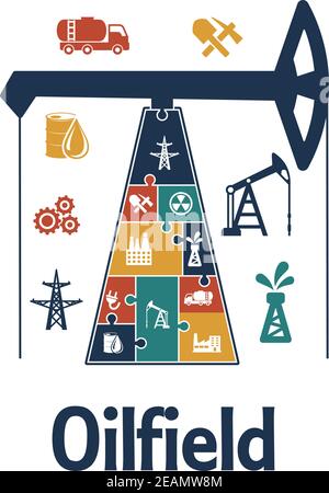Progettazione di infografiche piatte per l'industria energetica e petrolifera con pompa olio ad alta tensione a torre, pompa olio, serbatoio, camion, camera e caduta Illustrazione Vettoriale