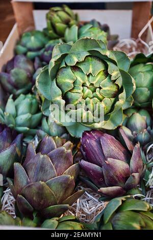 Composizione dei carciofi freschi sul mercato agricolo Foto Stock