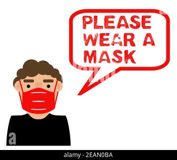 Illustrazione di un uomo che indossa una maschera di coronavirus rosso che dice: Si prega di indossare una maschera Foto Stock
