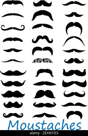 Le icone dei baffi sono isolate su sfondo bianco. Adatto per design barbery e retrò Illustrazione Vettoriale