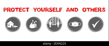 Pulsanti grigi rossi che mostrano Coronavirus Suggerimenti per proteggere te stesso e gli altri: Soggiorno a casa, lavare e disinfettare le mani, mantenere la distanza, indossare una maschera Foto Stock