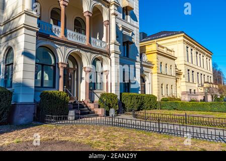 Facciata di una vecchia casa a Oslo, Norvegia Foto Stock