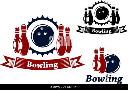 Emblemi e simboli del bowling con palla e ninepin, adatti per lo sport e il tempo libero Illustrazione Vettoriale