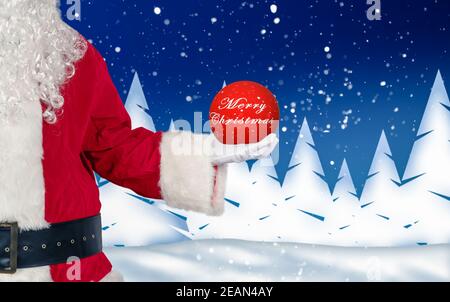 babbo natale tiene una palla di vetro con i desideri di Natale nel suo mano Foto Stock