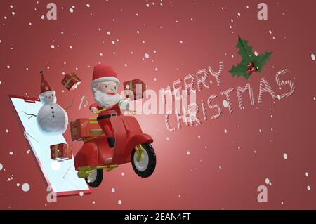 Rendering 3D , scooter da cavalcare Babbo Natale e Snowman con regalo dallo schermo dello smartphone a persone di Natale con neve caduta Foto Stock