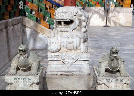 Lion e statue di tartaruga nel Tempio Yonghe noto anche come Yonghe Lamasery o semplicemente il Tempio dei Lama a Pechino in Cina Foto Stock