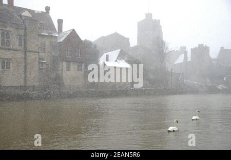 Maidstone, Regno Unito. 10 Feb 2021. Una seconda ondata di neve colpisce la città dopo che il trasporto è stato interrotto durante il fine settimana. The River Medway by the Bishop's Palace Credit: Phil Robinson/Alamy Live News Foto Stock