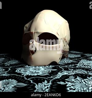 Cranio umano su tessuto bianco e nero Foto Stock