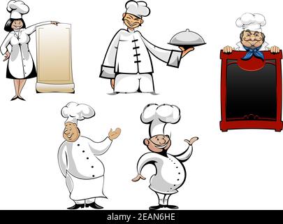Set di personaggi di cuochi e cuochi cartoni animati. Con menu a bordo, toque e vassoio o piatto per cucinare, gastronomia, caffè e design ristorante Illustrazione Vettoriale