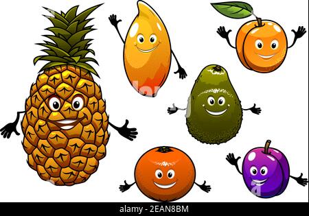 Cartone animato fresco frutta tropicale con un felice susina sorridente, ananas, albicocca, arancia, pesca, mango e avocado Illustrazione Vettoriale