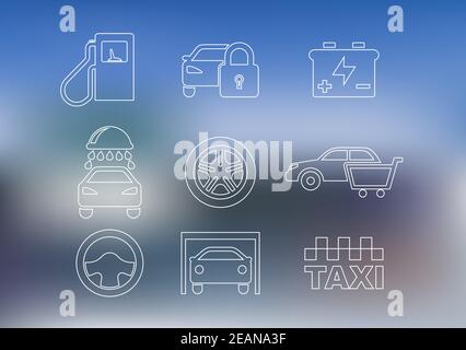 Icone di servizio auto con auto, taxi, allarme di sicurezza, volante, garage, olio, lavaggio, batteria e carrello Illustrazione Vettoriale
