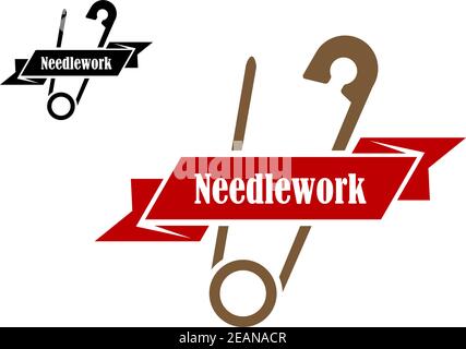 Simbolo di cucitura a perno di sicurezza con banner a nastro e testo - aghi. Per cucire, hobby o logo design Illustrazione Vettoriale