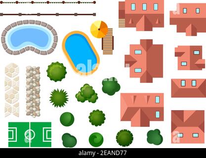Paesaggio, giardino ed elementi architettonici con case, piscine, alberi, cespugli, gradini e bordi isolati su bianco Illustrazione Vettoriale
