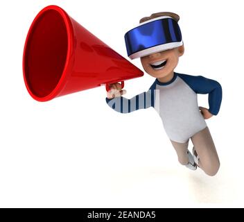 Divertente illustrazione 3D di un bambino di cartoni animati con una realtà virtuale casco Foto Stock
