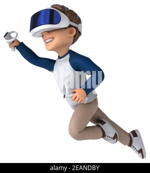 Divertente illustrazione 3D di un bambino di cartoni animati con una realtà virtuale casco Foto Stock