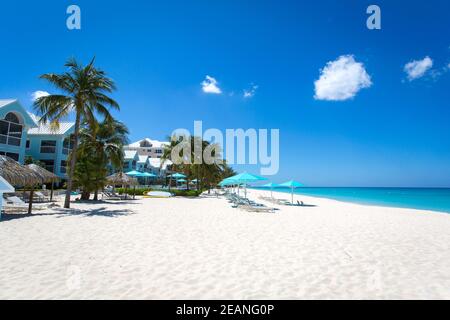 Grand Cayman Beach Deck Sedie ombrelloni blu sul bordo dell'acqua, Isole Cayman, Grand Cayman, Seven Mile Beach - Isole Cayman, sfondi, Spiaggia Foto Stock