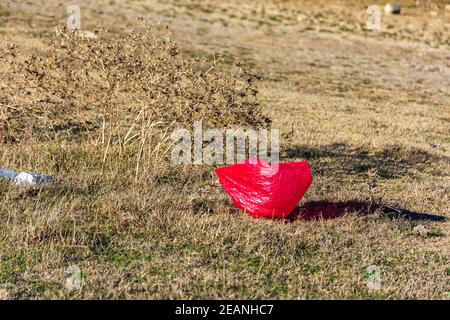 Borsa di plastica rossa della spesa in natura Foto Stock