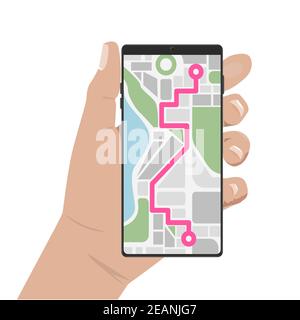 Mani che tengono in mano lo smartphone con l'app di navigazione in esecuzione. Illustrazione vettoriale Illustrazione Vettoriale