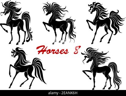 Stalloni a cavallo nero con cinque diverse silhouette nere di profilo cavalli da rancing con code che scorrono Illustrazione Vettoriale