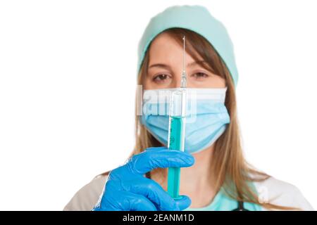 Flacone di vaccino del coronavirus medico siringa del virus Corona COVID-19 vaccini Covid isolato su bianco Foto Stock