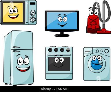 Set di elettrodomestici Cartoon con forno a microonde, TV, aspirapolvere, frigorifero, forno e lavatrice Illustrazione Vettoriale