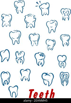 Icone dei denti in stile outline per la medicina, l'igiene, il disegno odontoiatrico Illustrazione Vettoriale