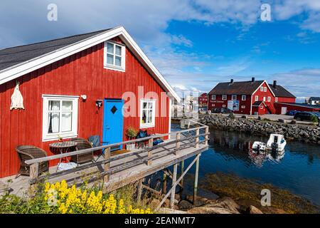 Tipiche case rosse nel porto di Henningsvaer, Lofoten, Nordland, Norvegia, Scandinavia, Europa Foto Stock