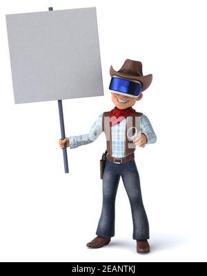 Divertente illustrazione 3D di un cowboy con un casco VR Foto Stock