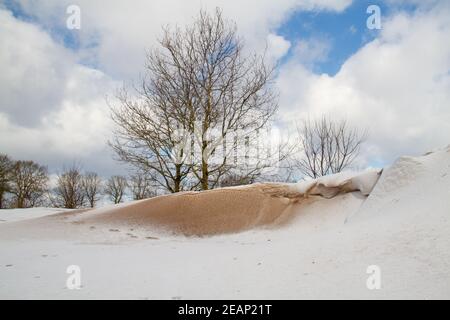 Neve, un deposito di neve e una certa sabbia scolpita dal vento in un tumulo durante una tempesta di neve Foto Stock
