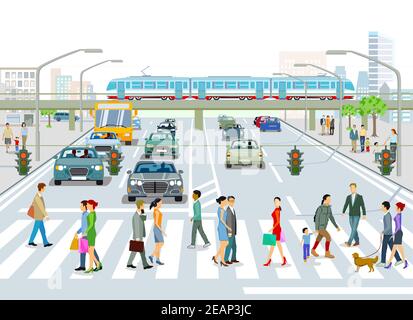 Trasporto in treno sopraelevato, autobus e traffico stradale Illustrazione Foto Stock
