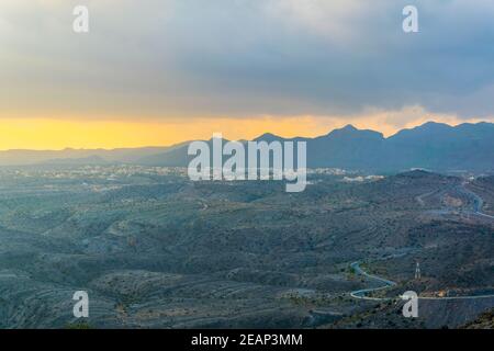 Tramonto su Jebel Akhdar in Oman. Foto Stock