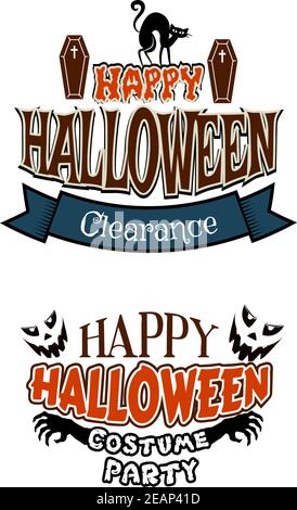 Due poster vettoriali di Halloween disegni per una festa e la vendita con testo Happy Halloween, Clearance e Happy Halloween Costume Party con bars, gatti, sk Illustrazione Vettoriale