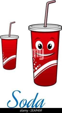 Cartoon carino cola o soda carattere con paglia isolato su bianco. Per il design di cibi e bevande veloci Illustrazione Vettoriale