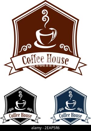 Striscione retrò per caffè caldo con tazza di caffè e vapore, isolato su sfondo bianco, per la progettazione di un menu di bar e ristoranti Illustrazione Vettoriale