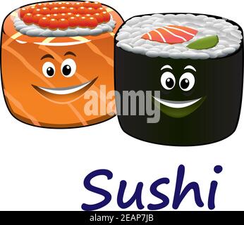Pesce giapponese e sushi in stile cartoon, adatto per ristoranti e industria alimentare Illustrazione Vettoriale