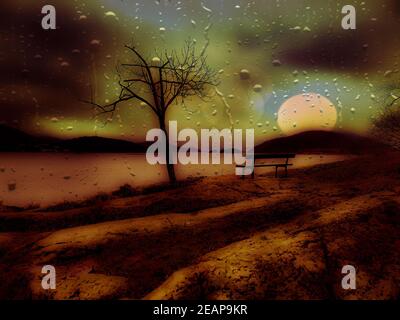 Albero contro il cielo, montagne e acqua - DrÃ¸bak Foto Stock