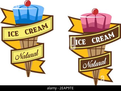 Etichette di gelato a cono o emblemi con striscioni e cartelli, per il design di prodotti da dessert e latticini Illustrazione Vettoriale