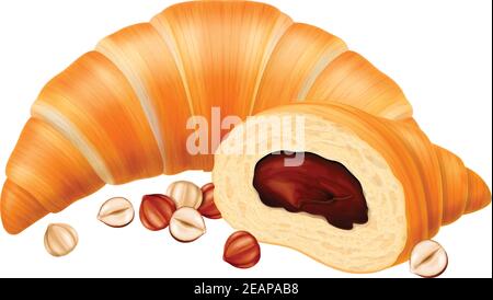 Croissant appena sfornato con ripieno di crema di torrone al cioccolato e nocciole. Illustrazione vettoriale. Illustrazione Vettoriale