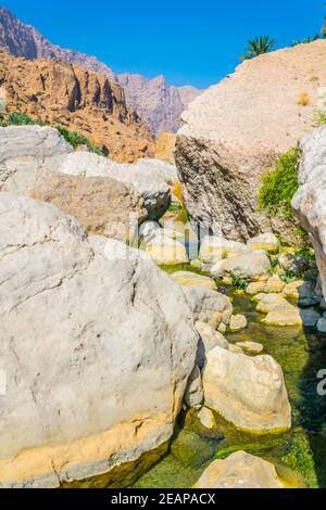 Laguna con acqua turqoise a Wadi Tiwi in Oman. Foto Stock