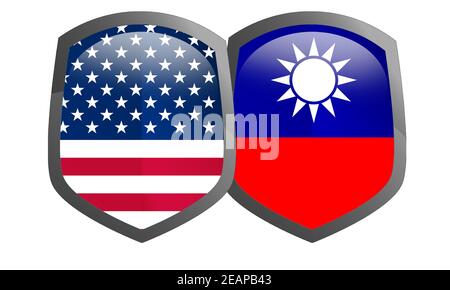 Taiwan Repubblica di Cina e Stati Uniti bandiere con scudi Foto Stock