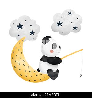 Carino pesca panda acquerello nelle nuvole isolato su sfondo bianco clipart. Illustrazione vettoriale in stile scandinavo disegnata a mano per arte della parete, posta Illustrazione Vettoriale