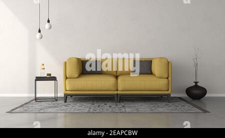 Soggiorno bianco minimalista con divano giallo Foto Stock