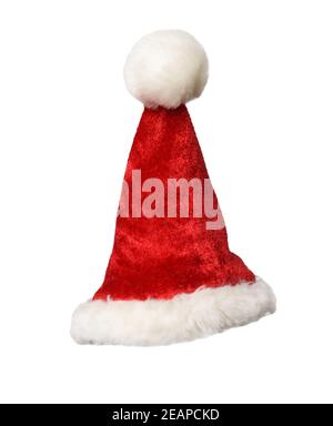 cappello rosso festivo di babbo natale con pomposo bianco isolato sopra sfondo bianco Foto Stock