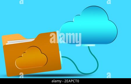 Concetto di cloud computing con icona blu del cloud Internet e giallo cartella Foto Stock