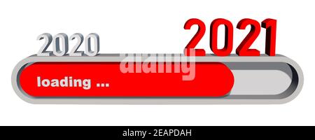 Modifica dell'anno 2021 - cifre dell'anno sopra la barra di avanzamento visualizzate Caricamento del nuovo anno - elementi grafici in rosso e grigio - isolato su sfondo bianco Foto Stock