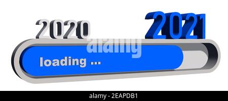 Modifica dell'anno 2021 - cifre dell'anno sopra la barra di avanzamento visualizzate Caricamento del nuovo anno - elementi grafici in blu e grigio - isolato su sfondo bianco Foto Stock