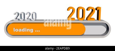 Modifica dell'anno 2021 - cifre dell'anno sopra la barra di avanzamento visualizzate Caricamento del nuovo anno - elementi grafici in arancione e grigio - isolato su sfondo bianco Foto Stock