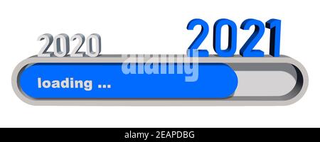 Modifica dell'anno 2021 - cifre dell'anno sopra la barra di avanzamento visualizzate Caricamento del nuovo anno - elementi grafici in blu e grigio - isolato su sfondo bianco Foto Stock