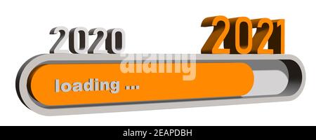 Modifica dell'anno 2021 - cifre dell'anno sopra la barra di avanzamento visualizzate Caricamento del nuovo anno - elementi grafici in arancione e grigio - isolato su sfondo bianco Foto Stock