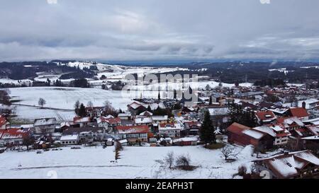 A small town in wintry Bavaria taken with a drone Stock Photo